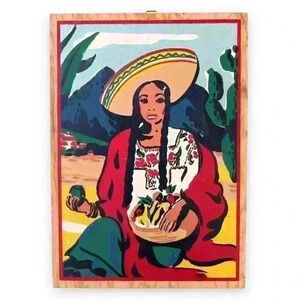 RARE Vintage Mexican woman screen print on wood plaque 5” x 7”
